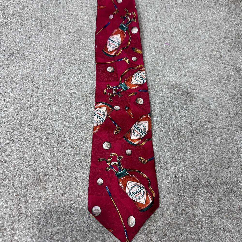 Tabasco Golf Theme Red Silk Men's Neck Tie Featuring Hot Sauce Golf Bags and Clu - Picture 2 of 4